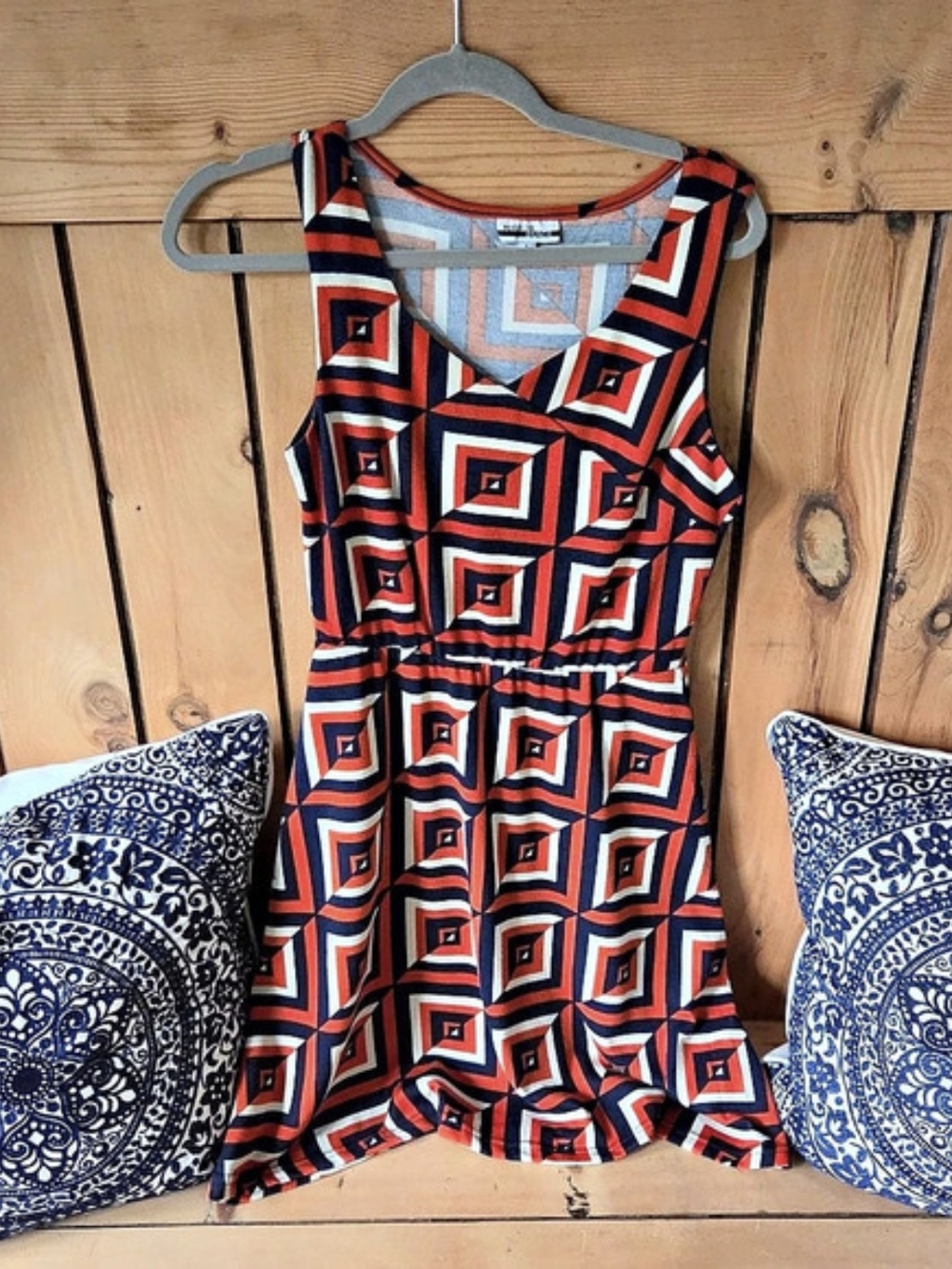 Mirror Image Geometric Vintage Retro Dress in Orange & Blue Size Small Like New